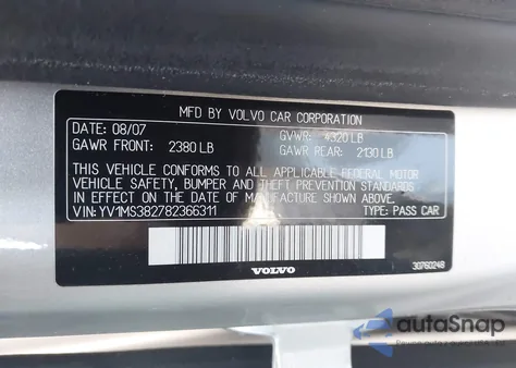 2008 Volvo S40 2.4I from USA, damaged, VIN YV1MS382782366311